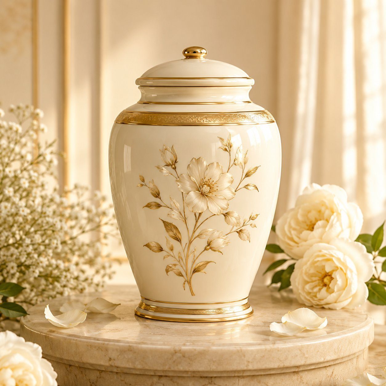 Urna cineraria in ceramica avorio con decori dorati per la conservazione delle ceneri